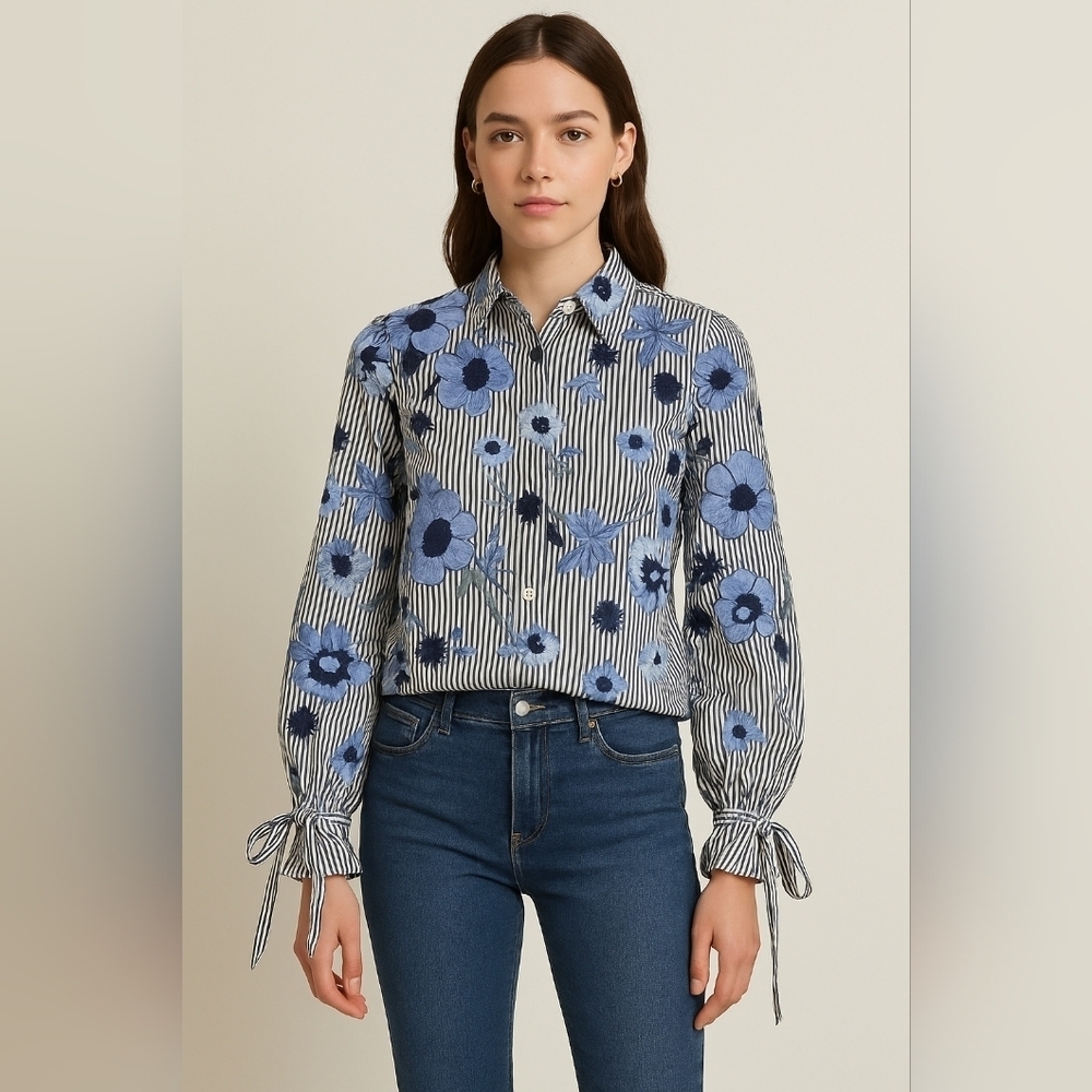 Floral Blue and White Women's Top